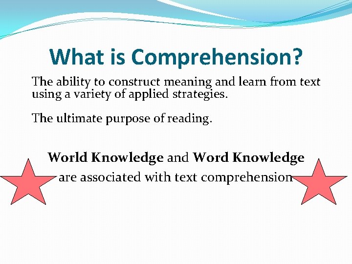 What is Comprehension? The ability to construct meaning and learn from text using a