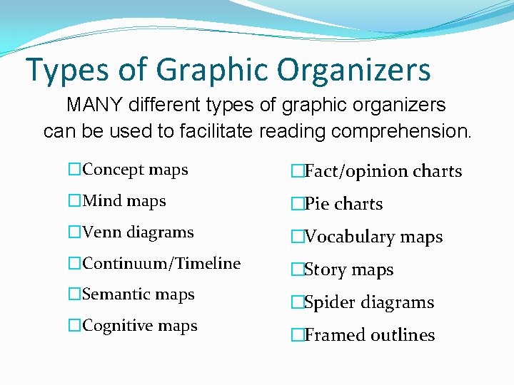 Types of Graphic Organizers MANY different types of graphic organizers can be used to