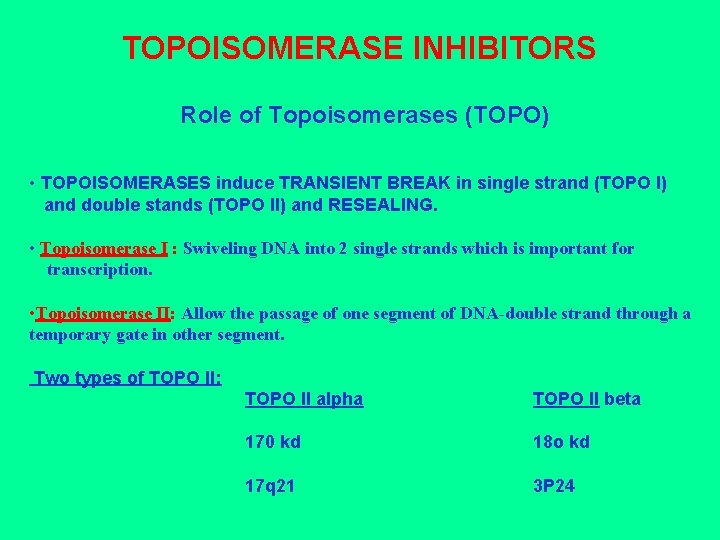 TOPOISOMERASE INHIBITORS Role of Topoisomerases (TOPO) • TOPOISOMERASES induce TRANSIENT BREAK in single strand