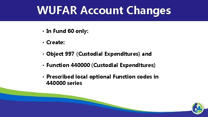 WUFAR Account Changes • In Fund 60 only: • Create: • Object 997 (Custodial