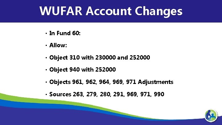 WUFAR Account Changes • In Fund 60: • Allow: • Object 310 with 230000