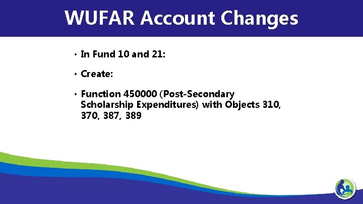 WUFAR Account Changes • In Fund 10 and 21: • Create: • Function 450000