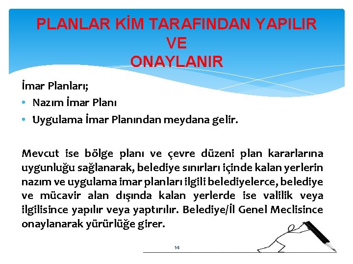 PLANLAR KİM TARAFINDAN YAPILIR VE ONAYLANIR İmar Planları; • Nazım İmar Planı • Uygulama