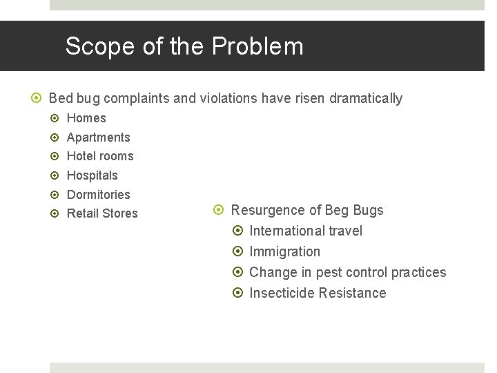 Scope of the Problem Bed bug complaints and violations have risen dramatically Homes Apartments