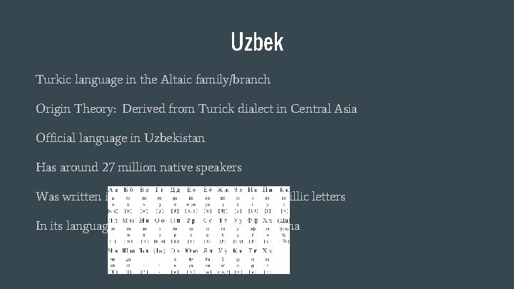 Uzbek Turkic language in the Altaic family/branch Origin Theory: Derived from Turick dialect in
