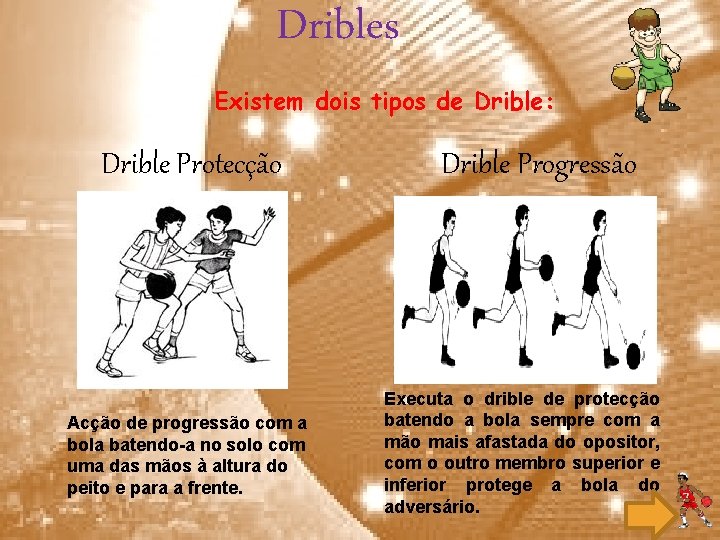 Dribles Existem dois tipos de Drible: Drible Protecção Acção de progressão com a bola