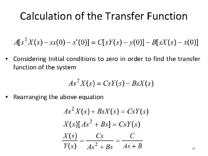 Calculation of the Transfer Function • Considering Initial conditions to zero in order to