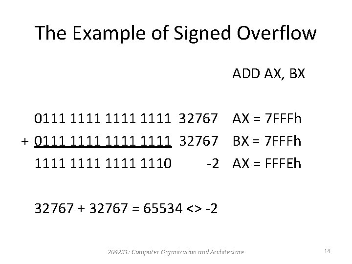 The Example of Signed Overflow ADD AX, BX 0111 1111 32767 AX = 7