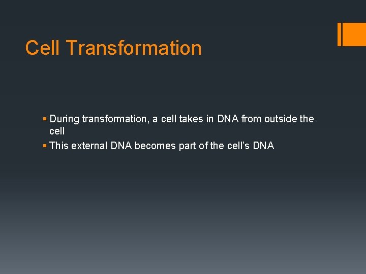 Cell Transformation § During transformation, a cell takes in DNA from outside the cell