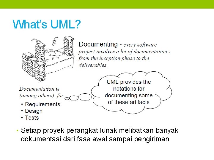 What’s UML? • Setiap proyek perangkat lunak melibatkan banyak dokumentasi dari fase awal sampai