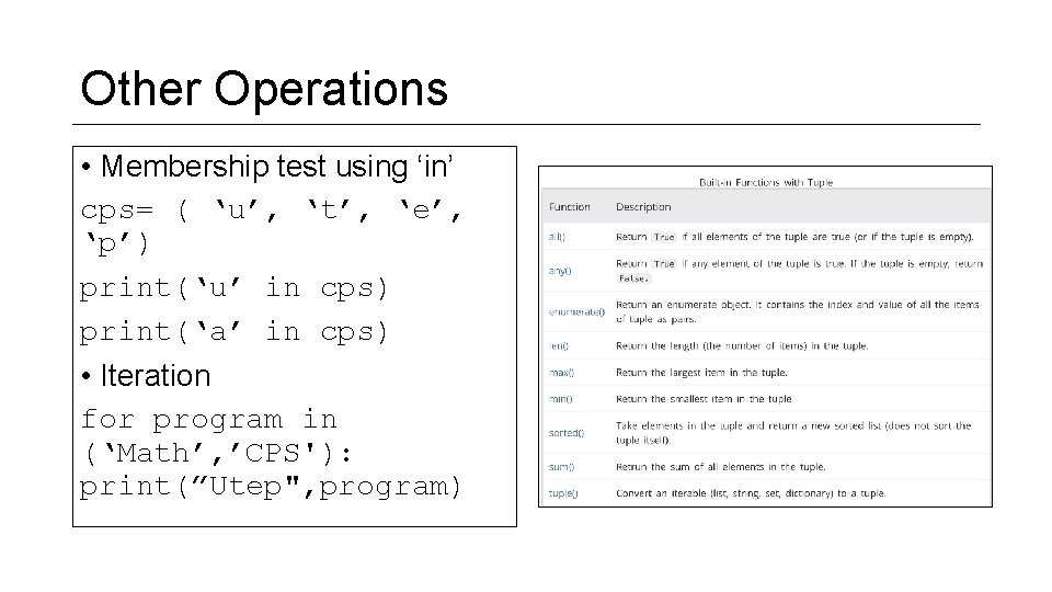 Other Operations • Membership test using ‘in’ cps= ( ‘u’, ‘t’, ‘e’, ‘p’) print(‘u’