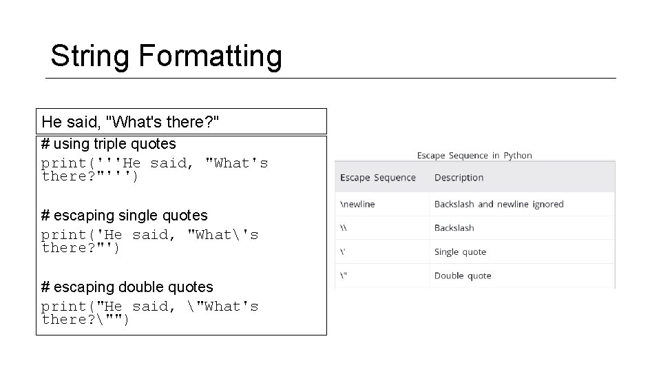 String Formatting He said, "What's there? " # using triple quotes print('''He said, "What's