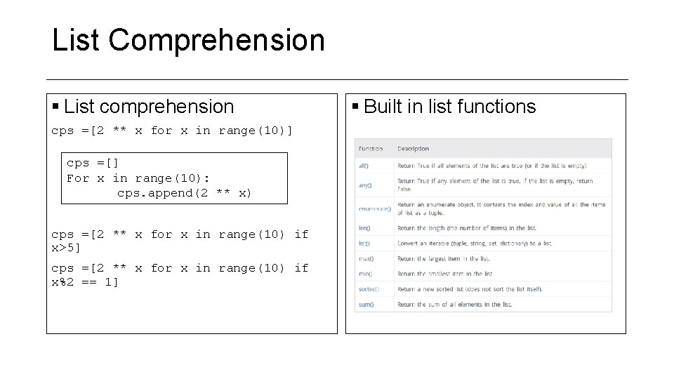 List Comprehension § List comprehension cps =[2 ** x for x in range(10)] cps