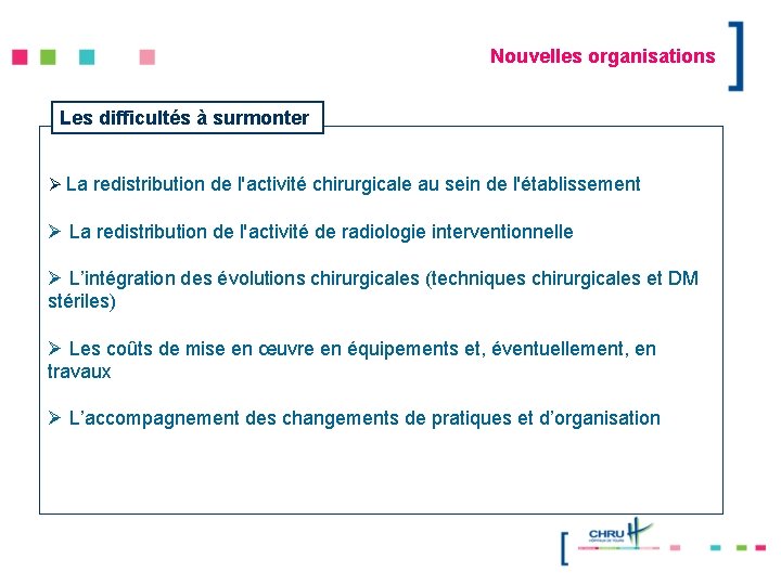 Nouvelles organisations Les difficultés à surmonter Ø La redistribution de l'activité chirurgicale au sein