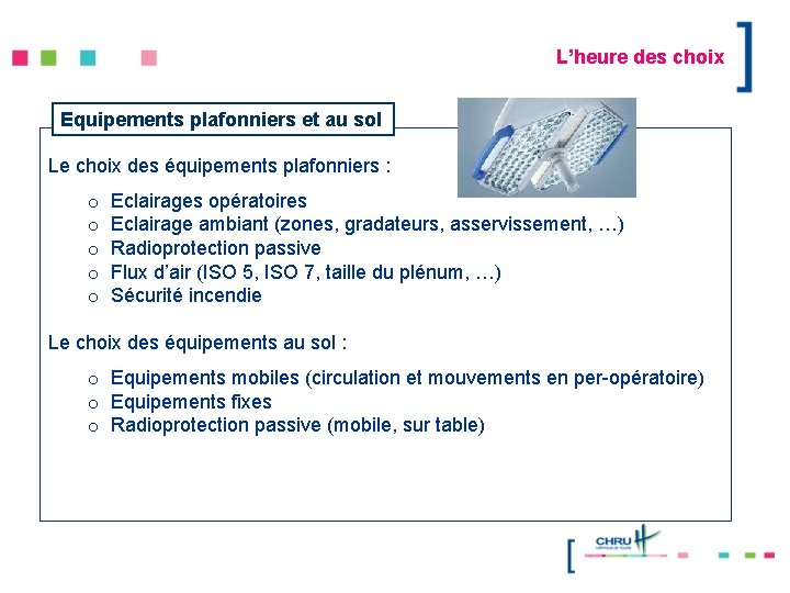 L’heure des choix Equipements plafonniers et au sol Le choix des équipements plafonniers :