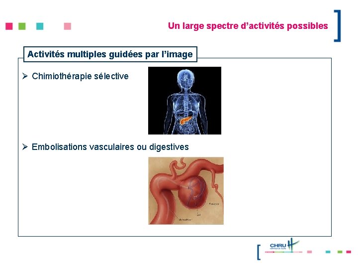 Un large spectre d’activités possibles Activités multiples guidées par l’image Ø Chimiothérapie sélective Ø