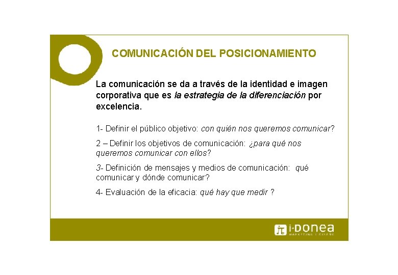 COMUNICACIÓN DEL POSICIONAMIENTO La comunicación se da a través de la identidad e imagen