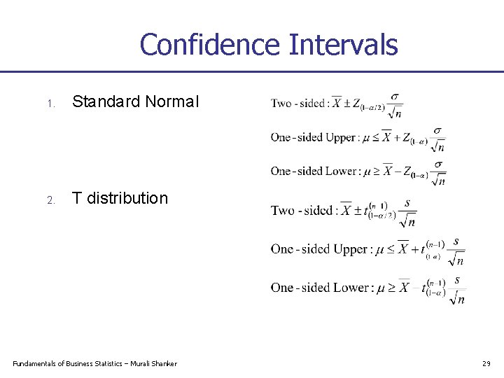 Confidence Intervals 1. Standard Normal 2. T distribution Fundamentals of Business Statistics – Murali