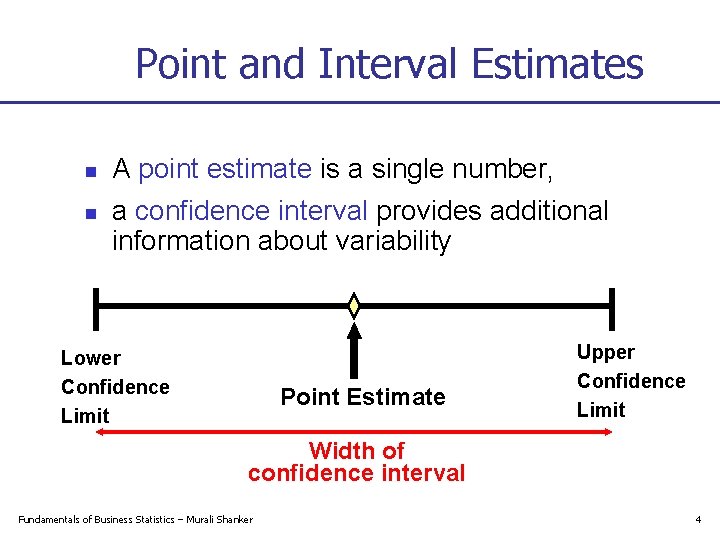 Point and Interval Estimates n n A point estimate is a single number, a