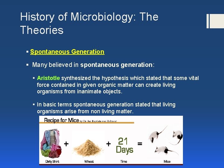 History of Microbiology: Theories § Spontaneous Generation § Many believed in spontaneous generation: §