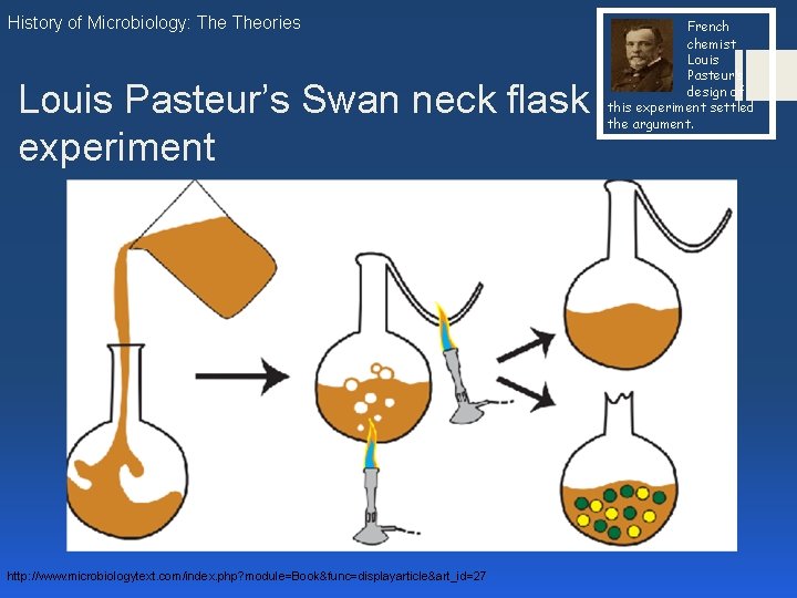 History of Microbiology: Theories Louis Pasteur’s Swan neck flask experiment http: //www. microbiologytext. com/index.