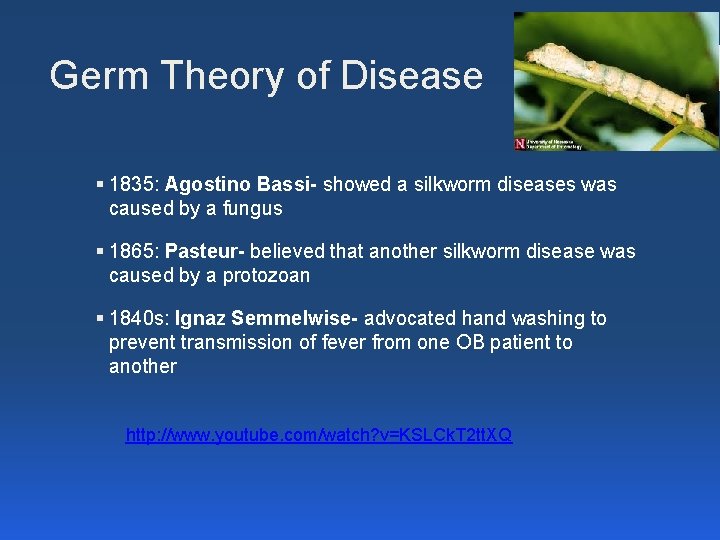 Germ Theory of Disease § 1835: Agostino Bassi- showed a silkworm diseases was caused