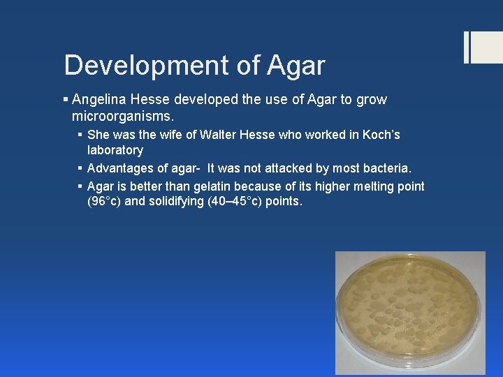 Development of Agar § Angelina Hesse developed the use of Agar to grow microorganisms.