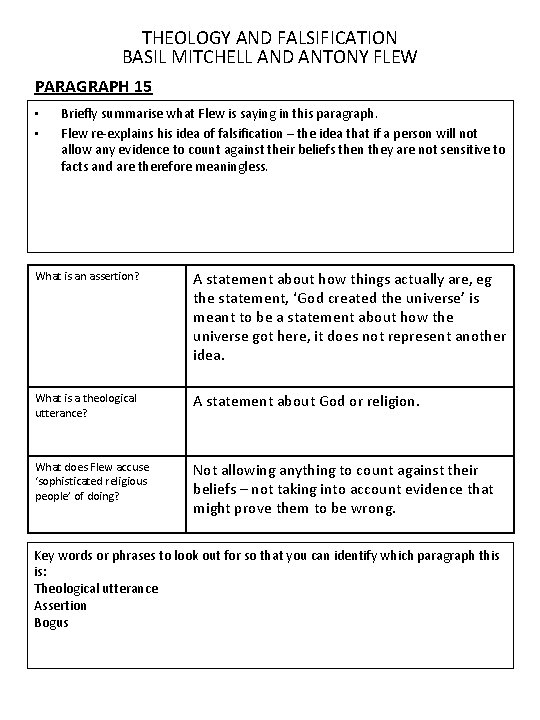 THEOLOGY AND FALSIFICATION BASIL MITCHELL AND ANTONY FLEW PARAGRAPH 15 • • Briefly summarise