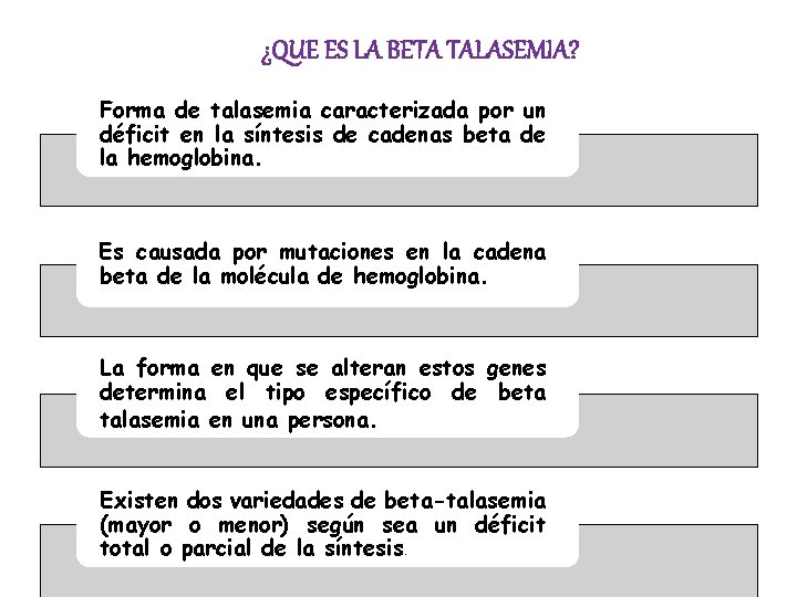 ¿QUE ES LA BETA TALASEMIA? Forma de talasemia caracterizada por un déficit en la