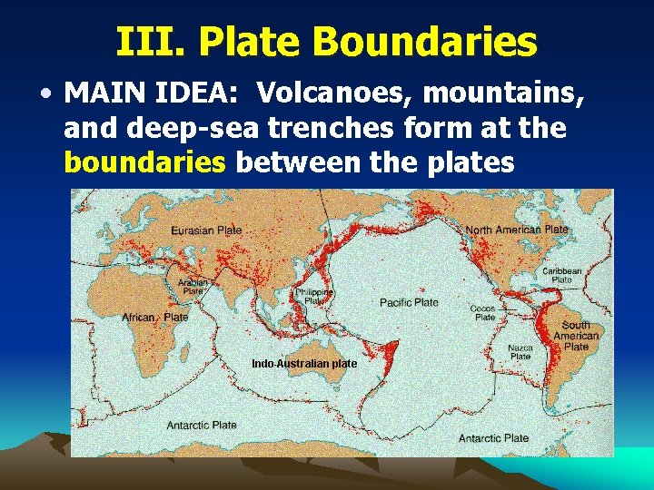 III. Plate Boundaries • MAIN IDEA: Volcanoes, mountains, and deep-sea trenches form at the