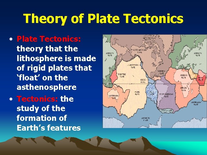 Theory of Plate Tectonics • Plate Tectonics: theory that the lithosphere is made of
