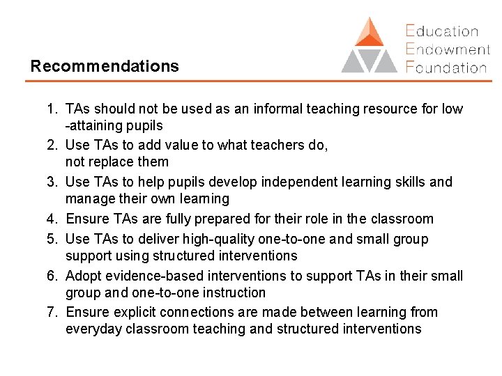 Recommendations 1. TAs should not be used as an informal teaching resource for low