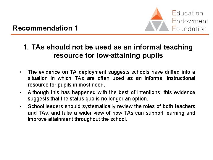 Recommendation 1 1. TAs should not be used as an informal teaching resource for