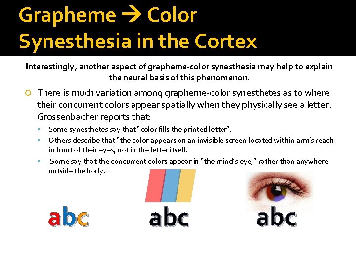 Grapheme Color Synesthesia in the Cortex Interestingly, another aspect of grapheme-color synesthesia may help