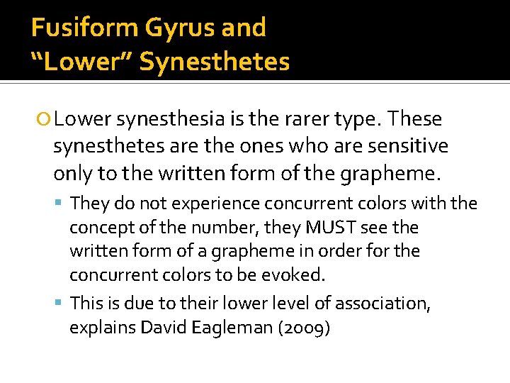 Fusiform Gyrus and “Lower” Synesthetes Lower synesthesia is the rarer type. These synesthetes are