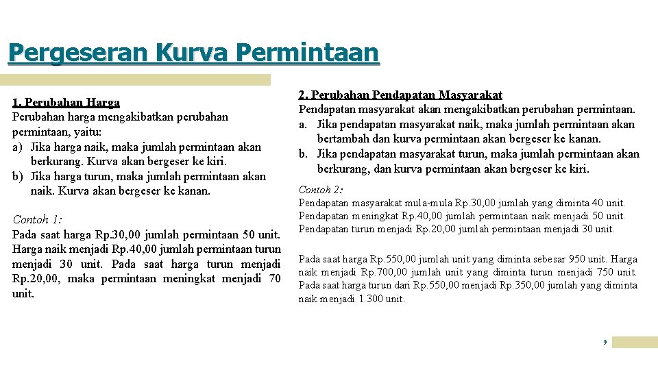 Pergeseran Kurva Permintaan 1. Perubahan Harga Perubahan harga mengakibatkan perubahan permintaan, yaitu: a) Jika