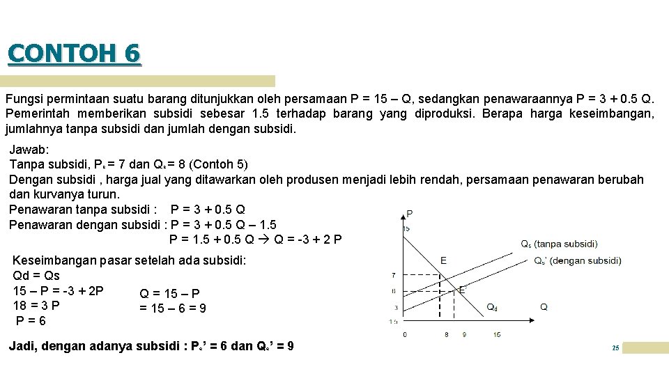 CONTOH 6 Fungsi permintaan suatu barang ditunjukkan oleh persamaan P = 15 – Q,