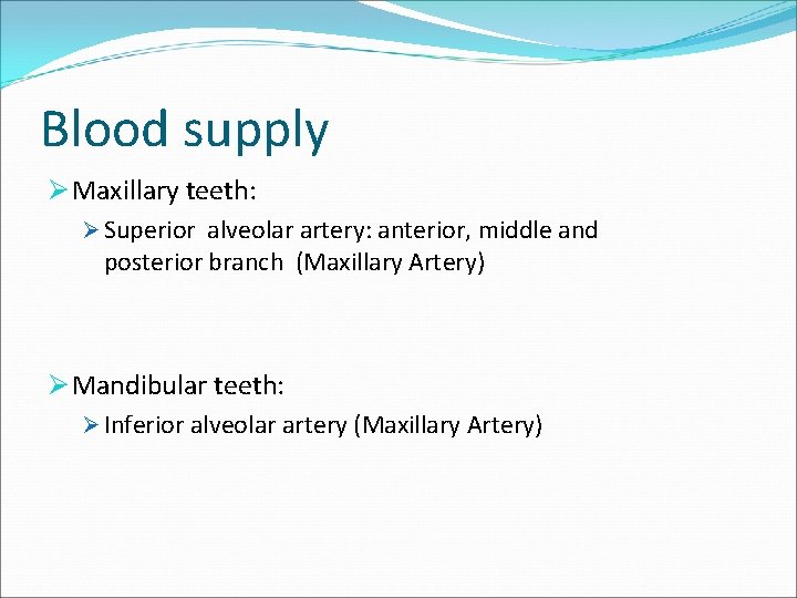 Blood supply Ø Maxillary teeth: Ø Superior alveolar artery: anterior, middle and posterior branch