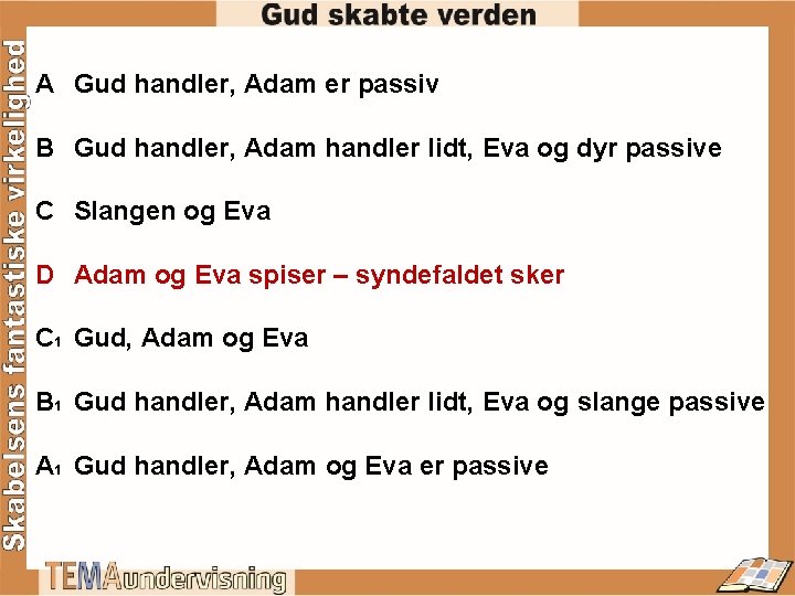 A Gud handler, Adam er passiv B Gud handler, Adam handler lidt, Eva og