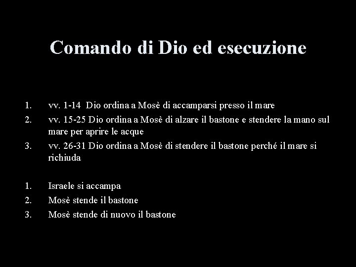 Comando di Dio ed esecuzione 1. 2. 3. vv. 1 -14 Dio ordina a