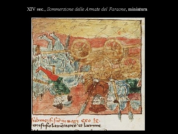 XIV sec. , Sommersione delle Armate del Faraone, miniatura 