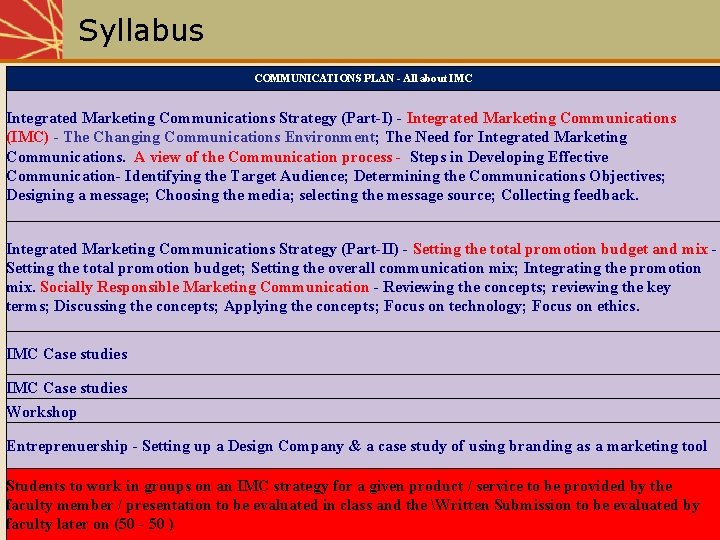 Syllabus COMMUNICATIONS PLAN - All about IMC Integrated Marketing Communications Strategy (Part-I) - Integrated