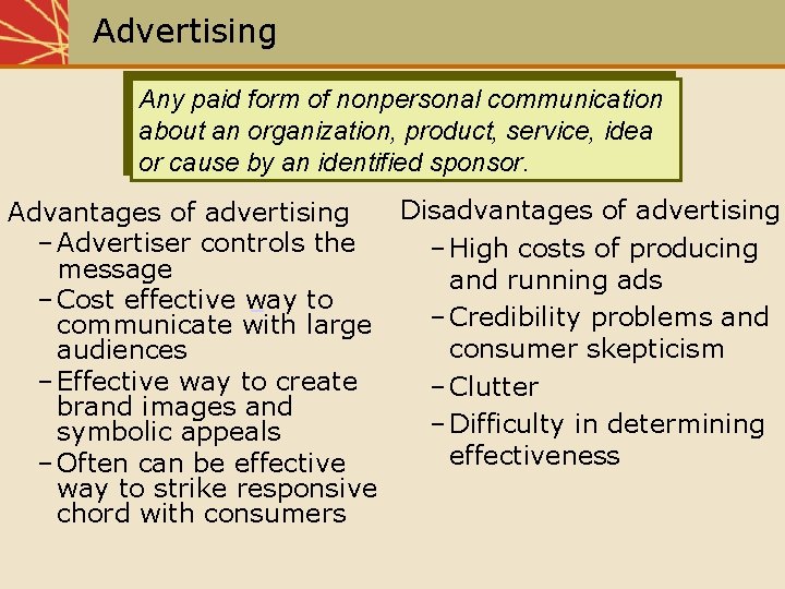 Advertising Any paid form of nonpersonal communication about an organization, product, service, idea or