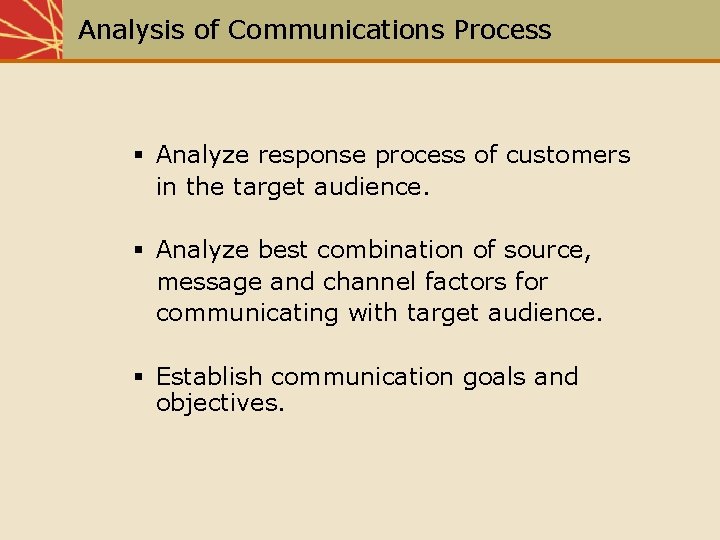 Analysis of Communications Process § Analyze response process of customers in the target audience.