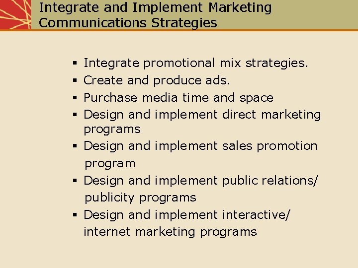 Integrate and Implement Marketing Communications Strategies Integrate promotional mix strategies. Create and produce ads.