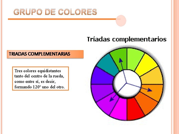 GRUPO DE COLORES TRIADAS COMPLEMENTARIAS Tres colores equidistantes tanto del centro de la rueda,