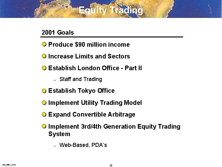 Equity Trading 2001 Goals Produce $90 million income Increase Limits and Sectors Establish London