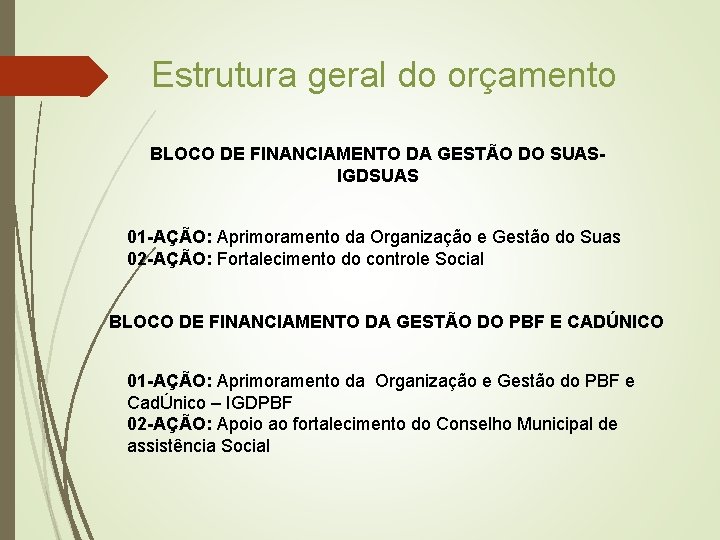 Estrutura geral do orçamento BLOCO DE FINANCIAMENTO DA GESTÃO DO SUASIGDSUAS 01 -AÇÃO: Aprimoramento