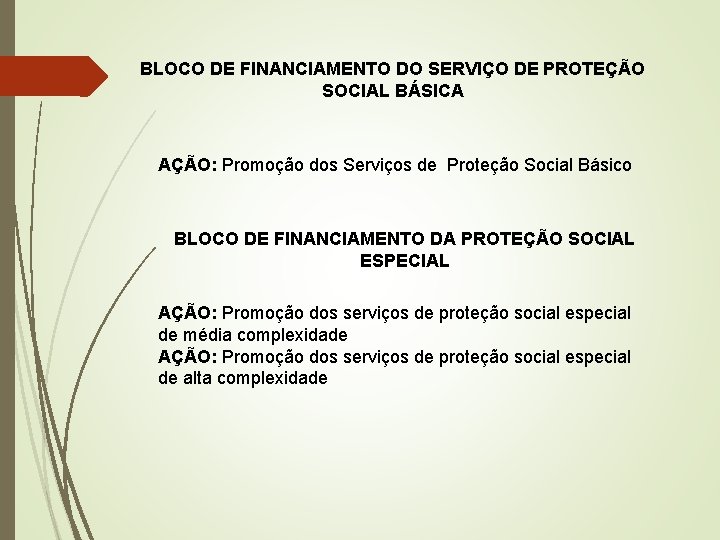 BLOCO DE FINANCIAMENTO DO SERVIÇO DE PROTEÇÃO SOCIAL BÁSICA AÇÃO: Promoção dos Serviços de