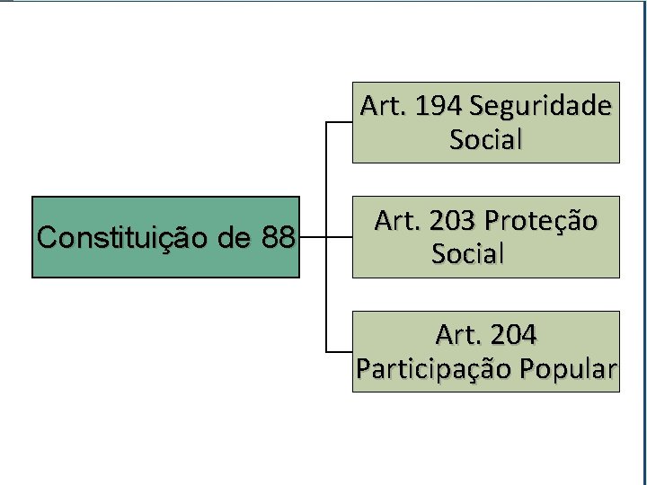 Art. 194 Seguridade Social Constituição de 88 Art. 203 Proteção Social Art. 204 Participação